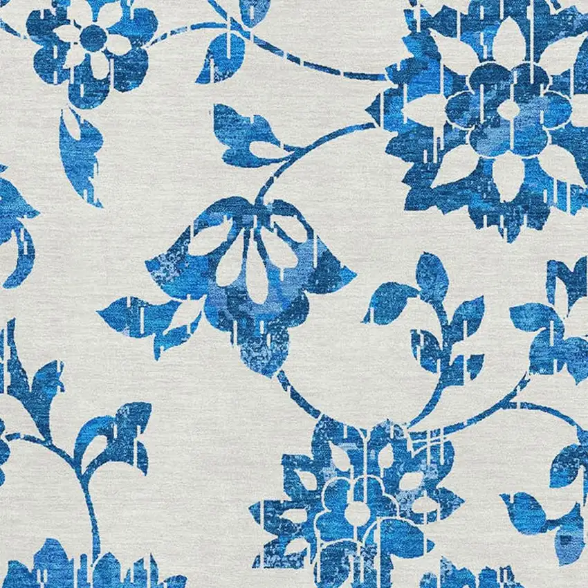 White And Blue Floral Washable Area Rug With UV Protection Photo 3