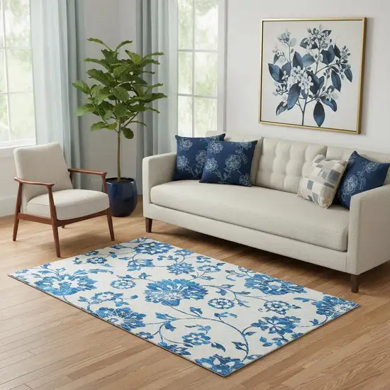 White And Blue Floral Washable Area Rug With UV Protection Photo 1
