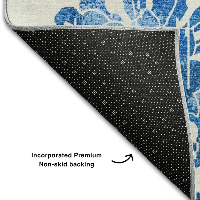 White And Blue Floral Washable Area Rug With UV Protection Photo 8