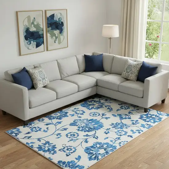 White And Blue Floral Washable Area Rug With UV Protection Photo 1