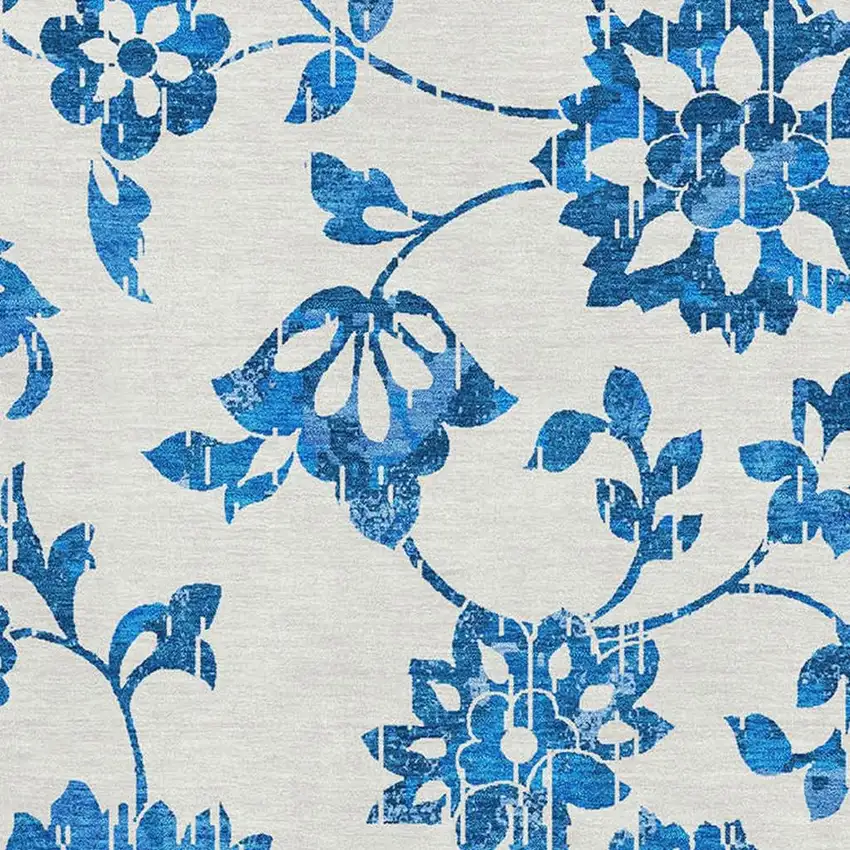 White And Blue Floral Washable Area Rug With UV Protection Photo 3