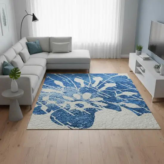White And Blue Floral Washable Area Rug With UV Protection Photo 2