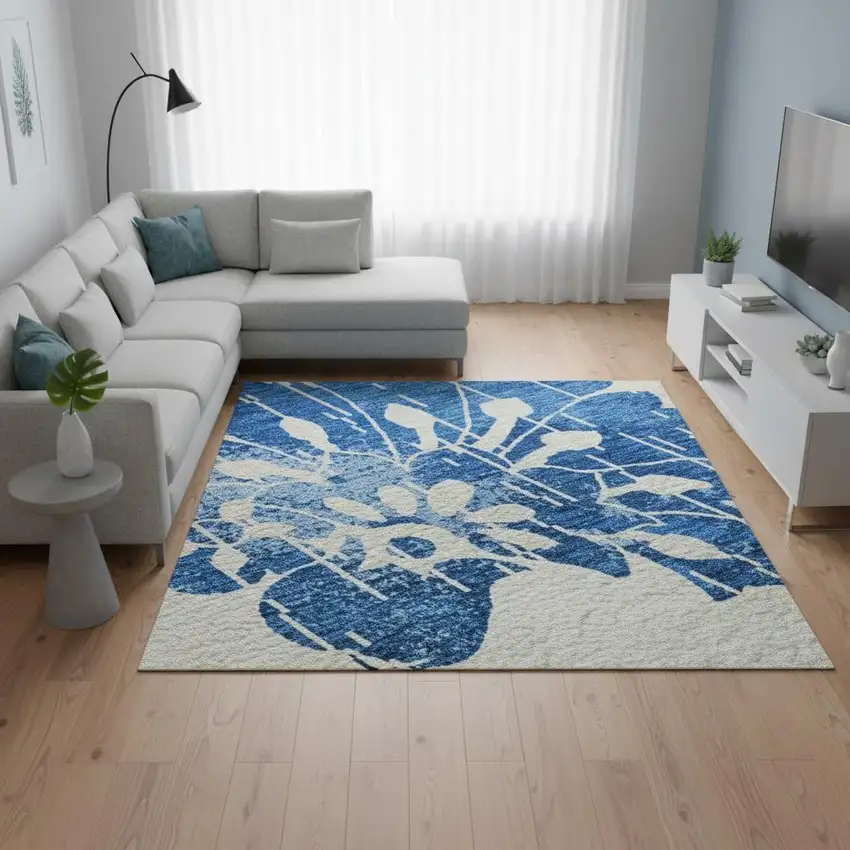 White And Blue Floral Washable Area Rug With UV Protection Photo 2