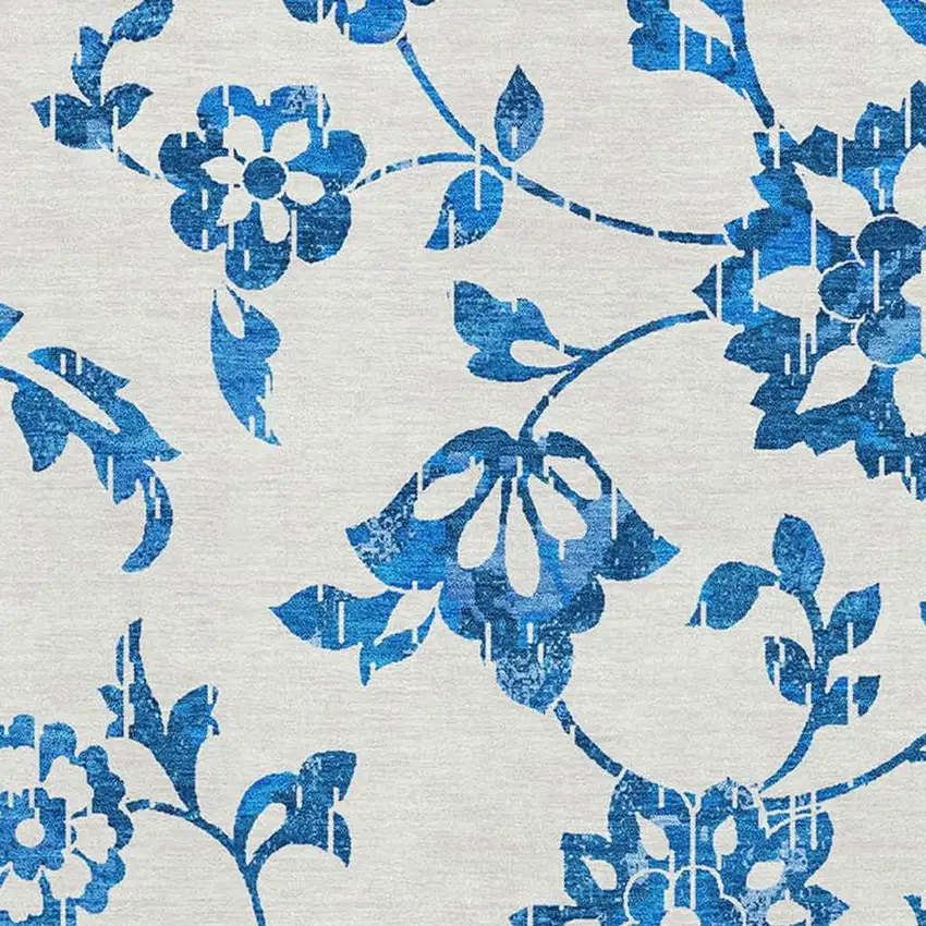 White And Blue Floral Washable Area Rug With UV Protection Photo 3