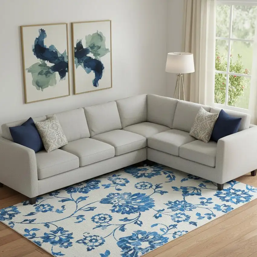 White And Blue Floral Washable Area Rug With UV Protection Photo 1