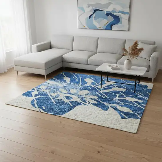 White And Blue Floral Washable Area Rug With UV Protection Photo 2