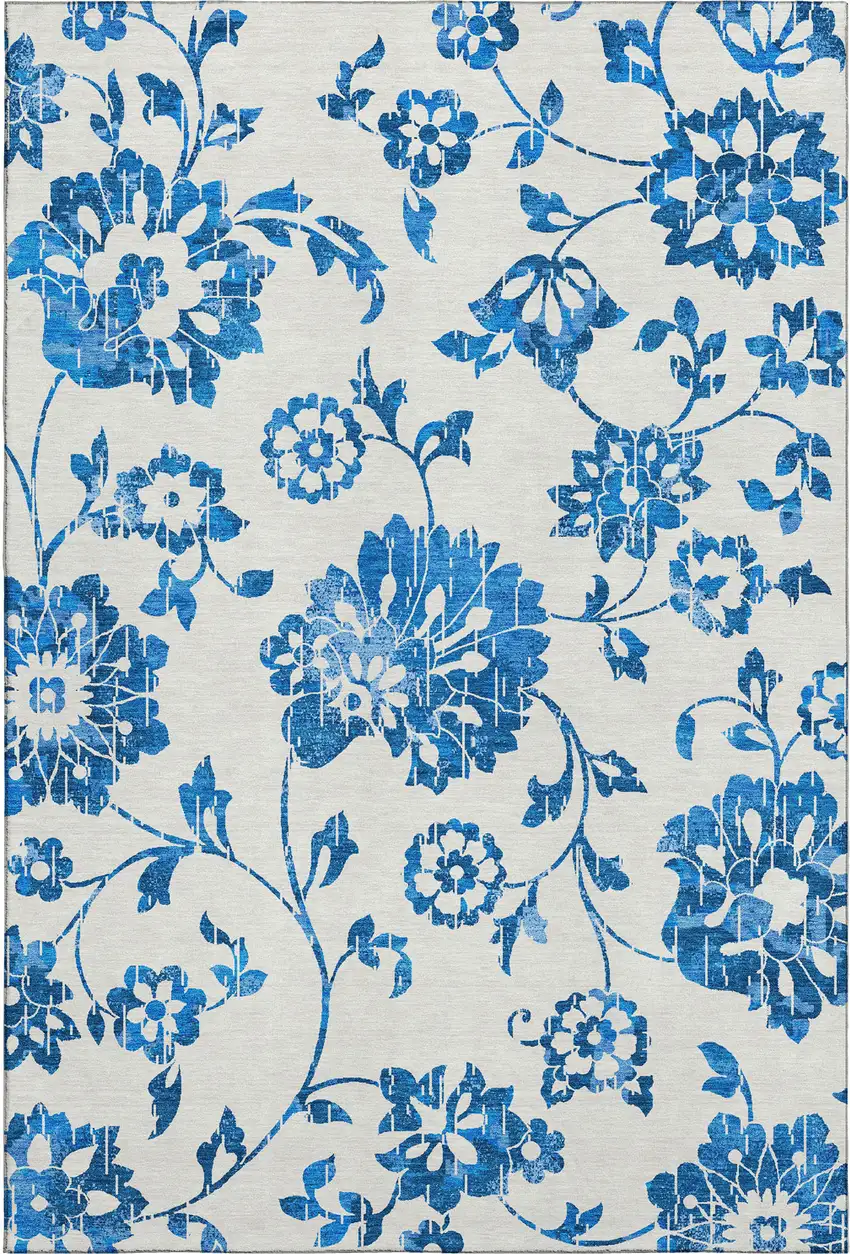 White And Blue Floral Washable Area Rug With UV Protection Photo 7