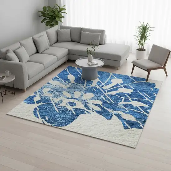 White And Blue Floral Washable Area Rug With UV Protection Photo 2