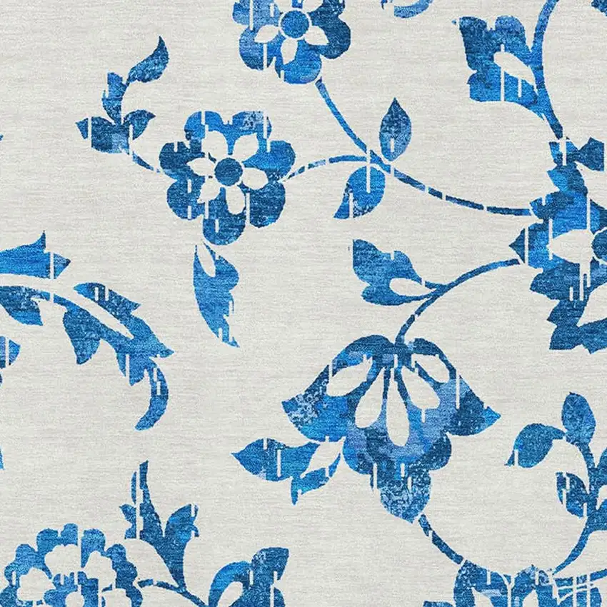 White And Blue Floral Washable Area Rug With UV Protection Photo 8
