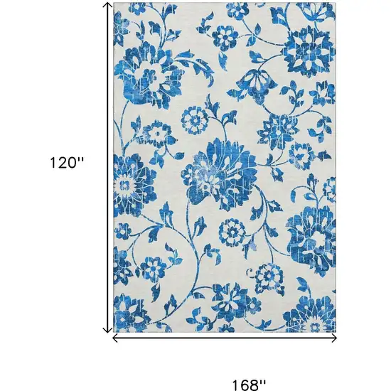 White And Blue Floral Washable Area Rug With UV Protection Photo 7