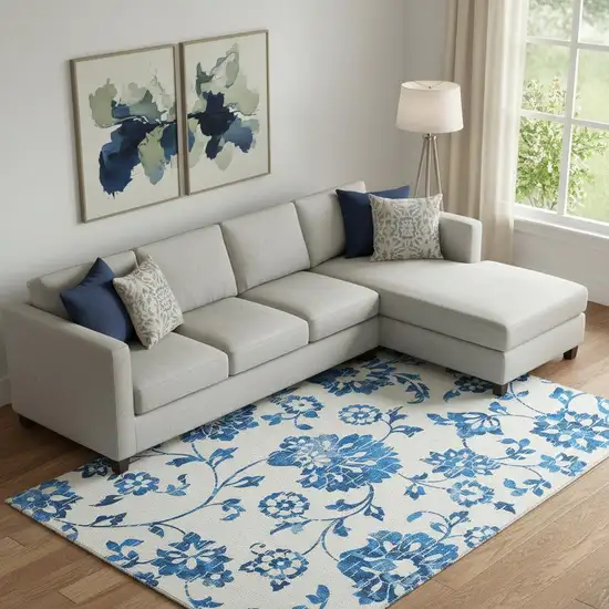 White And Blue Floral Washable Area Rug With UV Protection Photo 1