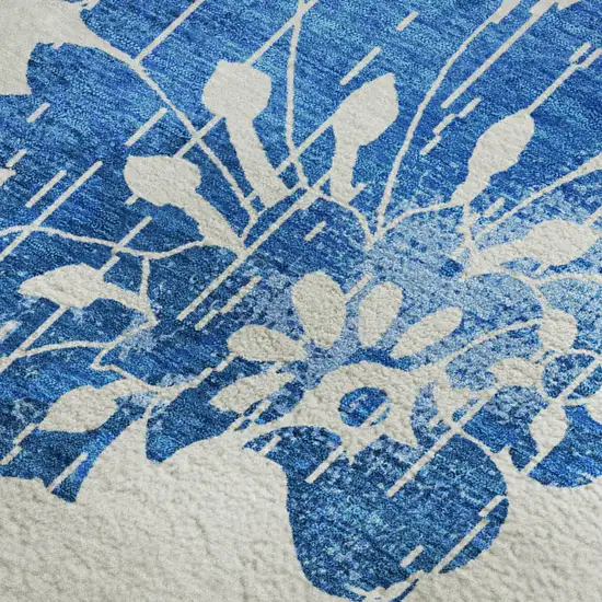 White And Blue Floral Washable Area Rug With UV Protection Photo 4