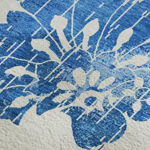 Photo of White And Blue Floral Washable Area Rug With UV Protection