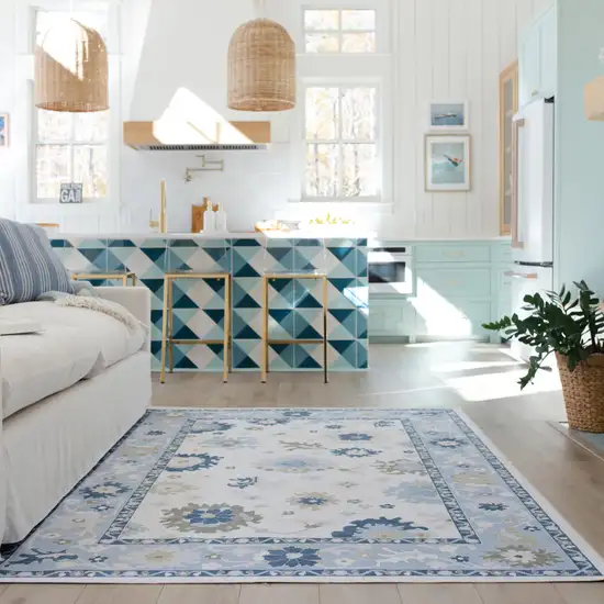 White And Blue Oriental Washable Area Rug Photo 5