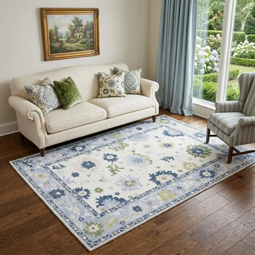 White And Blue Oriental Washable Area Rug Photo 1