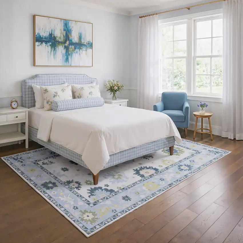 White And Blue Oriental Washable Area Rug Photo 7