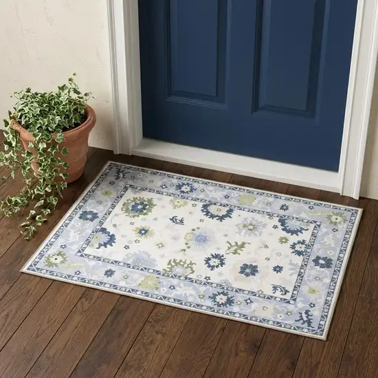 White And Blue Oriental Washable Area Rug Photo 1