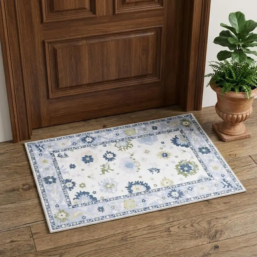 White And Blue Oriental Washable Area Rug Photo 1