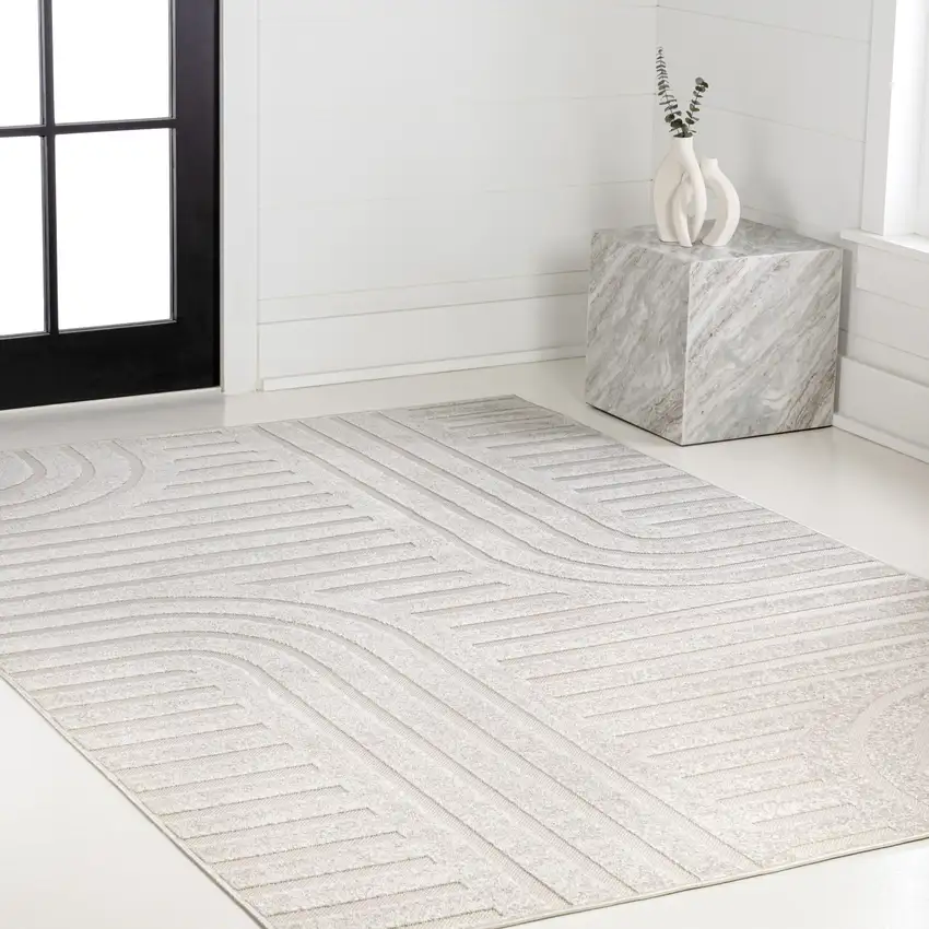 White And Cream Striped Indoor Outdoor Area Rug Photo 8