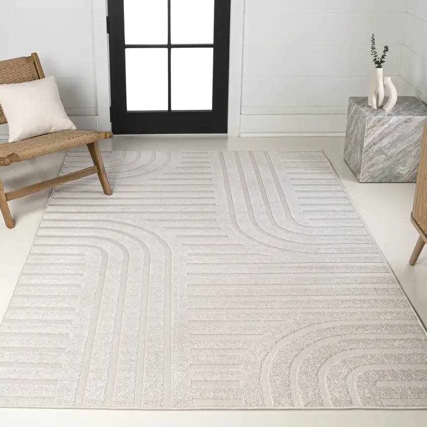 White And Cream Striped Indoor Outdoor Area Rug Photo 7