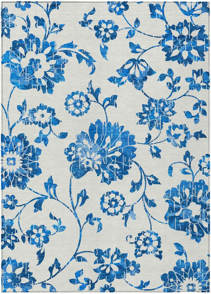 White And Denim Blue Floral Washable Indoor Outdoor Area Rug Photo 2