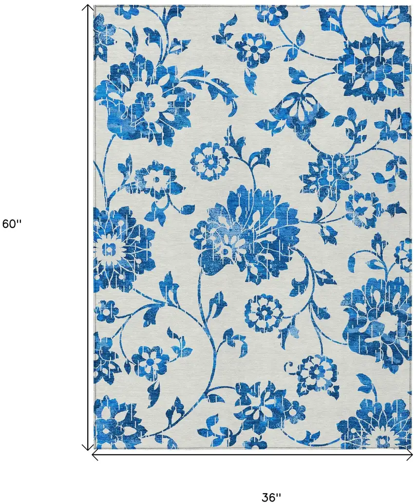 White And Denim Blue Floral Washable Indoor Outdoor Area Rug Photo 3