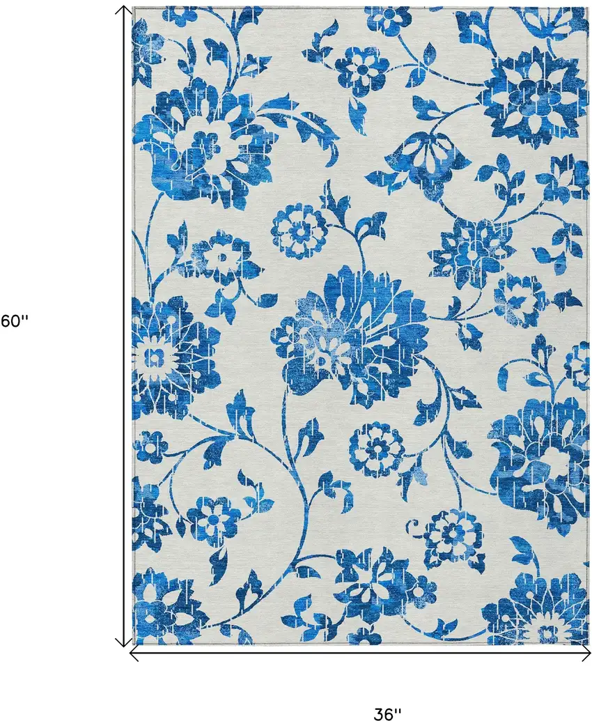 White And Denim Blue Floral Washable Indoor Outdoor Area Rug Photo 3