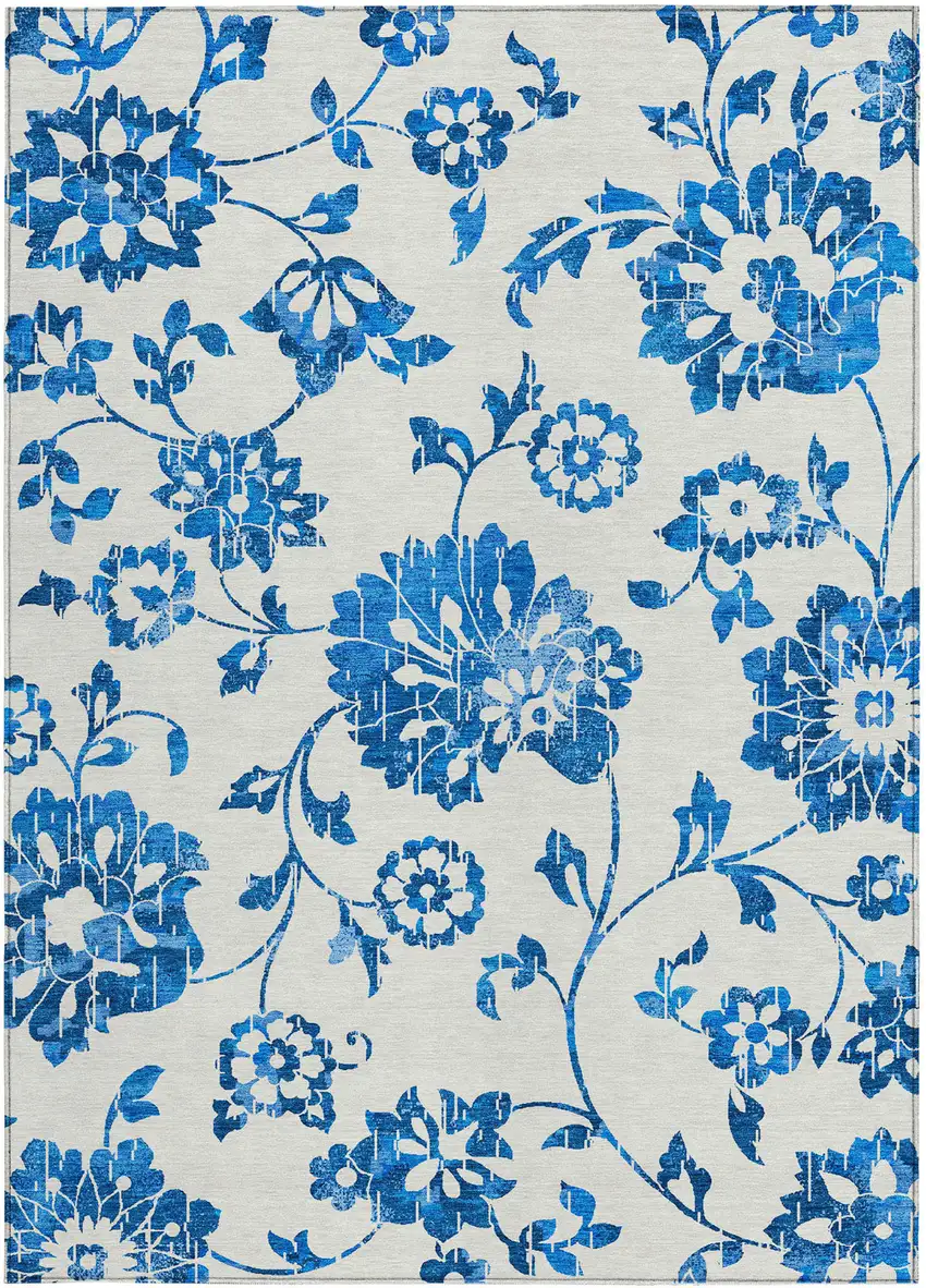 White And Denim Blue Floral Washable Indoor Outdoor Area Rug Photo 7