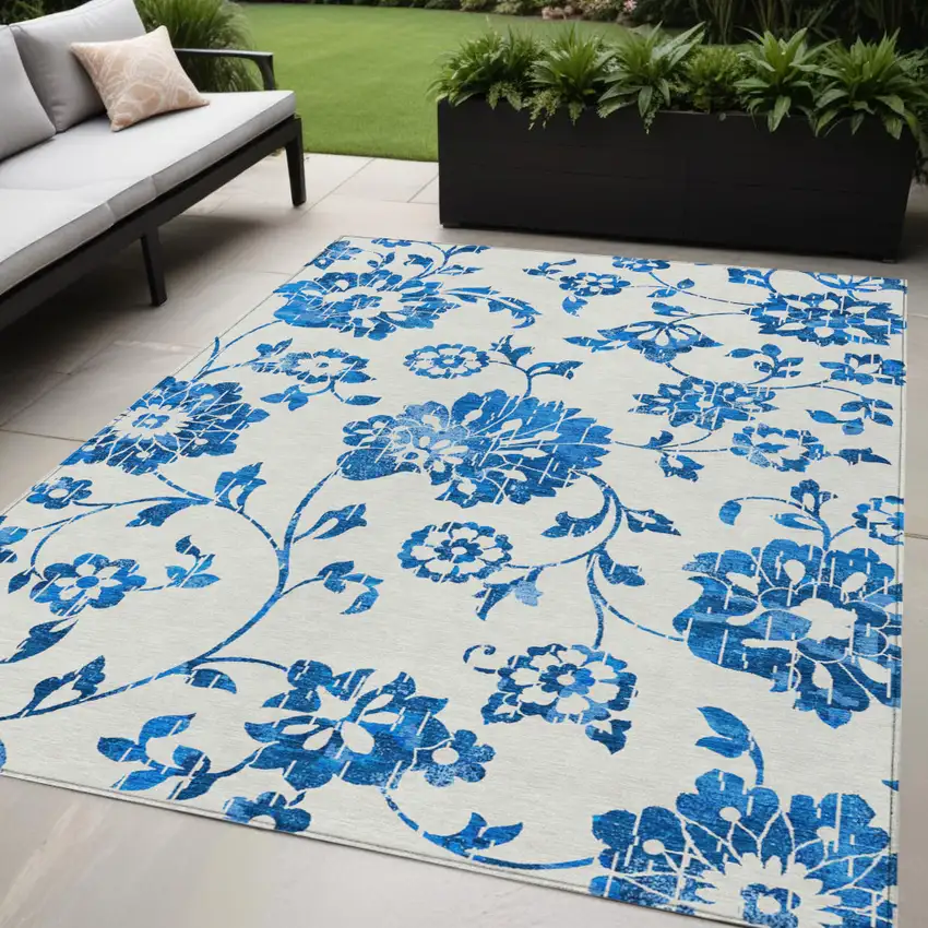 White And Denim Blue Floral Washable Indoor Outdoor Area Rug Photo 1