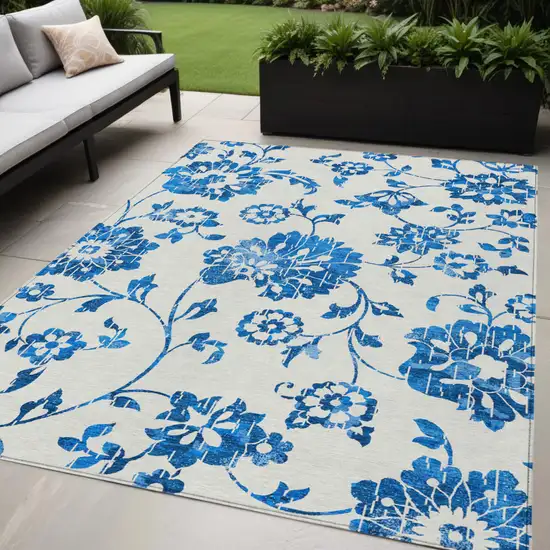 White And Denim Blue Floral Washable Indoor Outdoor Area Rug Photo 1