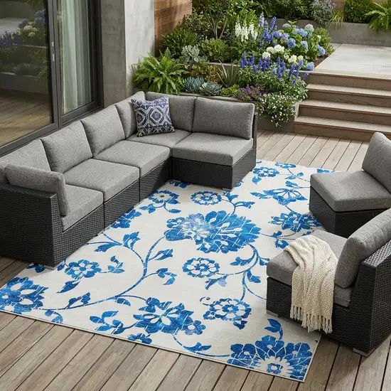 White And Denim Blue Floral Washable Indoor Outdoor Area Rug Photo 1