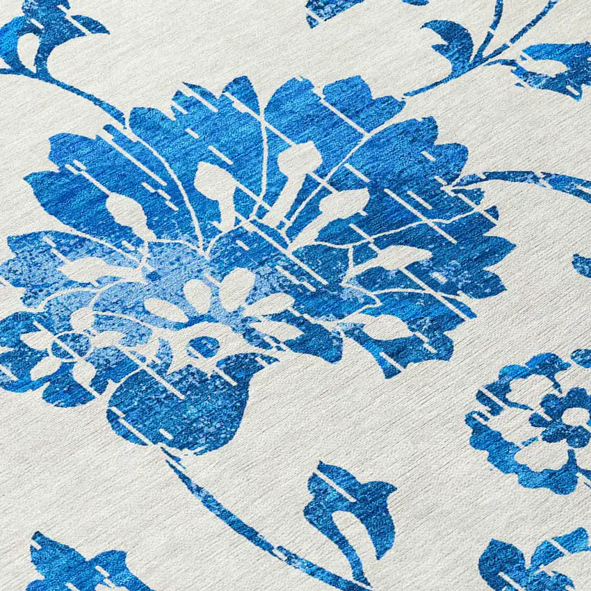 White And Denim Blue Floral Washable Indoor Outdoor Area Rug Photo 8