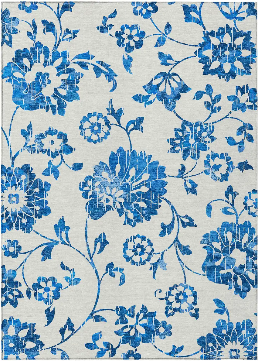 White And Denim Blue Floral Washable Indoor Outdoor Area Rug Photo 2