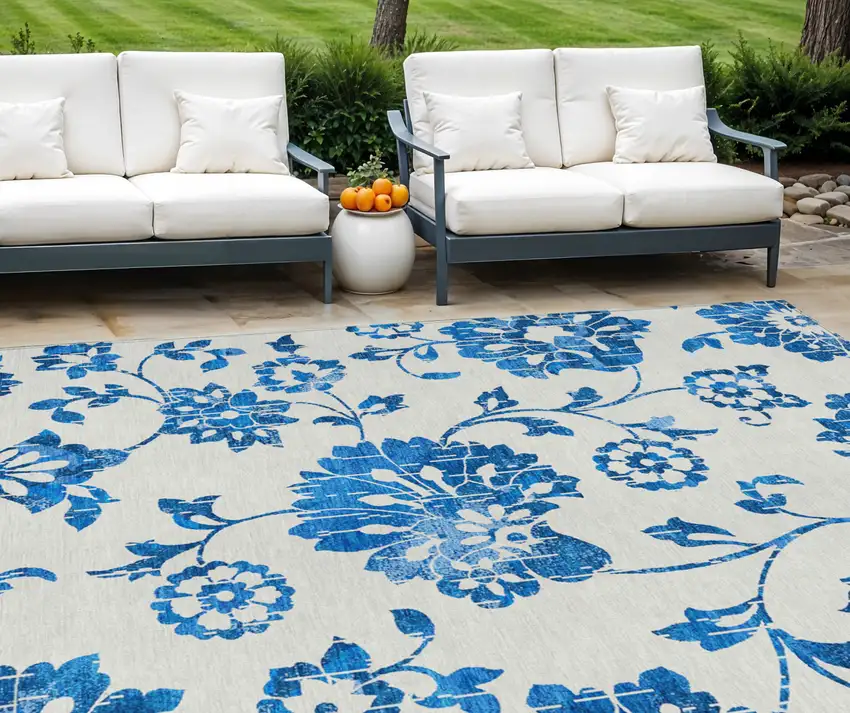 White And Denim Blue Floral Washable Indoor Outdoor Area Rug Photo 1