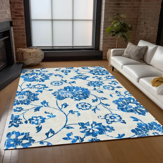 White And Denim Blue Floral Washable Indoor Outdoor Area Rug Photo 9