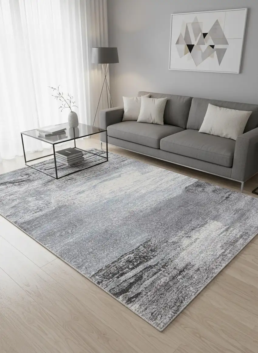 White And Gray Abstract Area Rug Photo 1