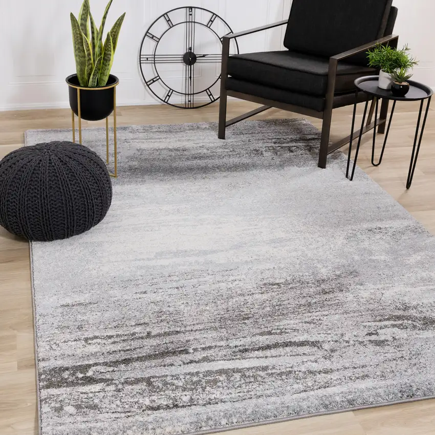 White And Gray Abstract Area Rug Photo 4