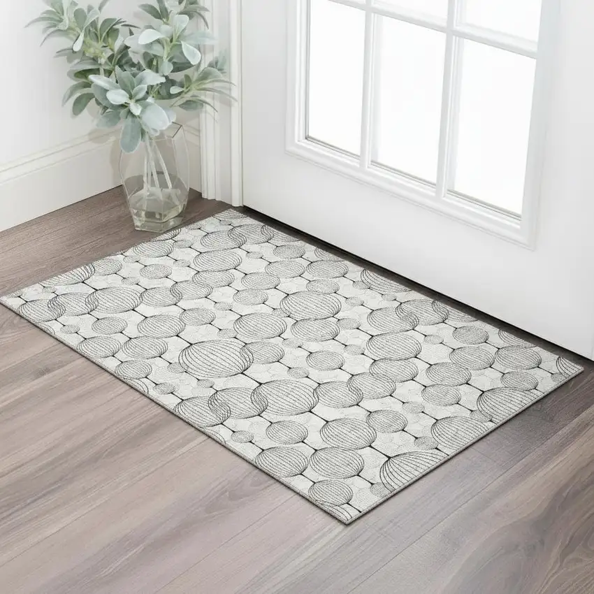White And Gray Geometric Washable Area Rug With UV Protection Photo 1