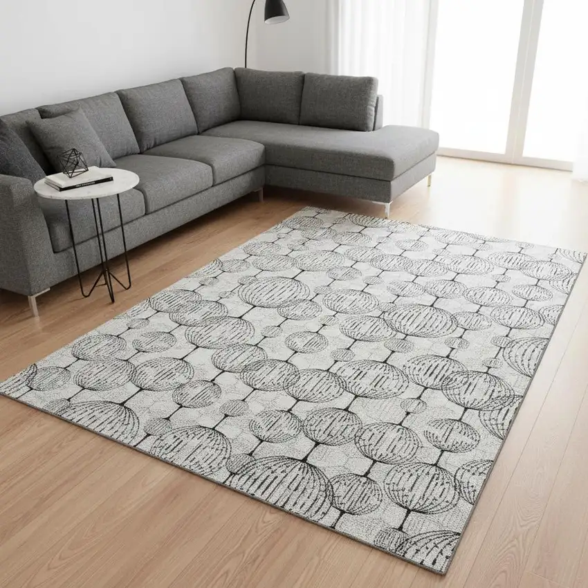 White And Gray Geometric Washable Area Rug With UV Protection Photo 2
