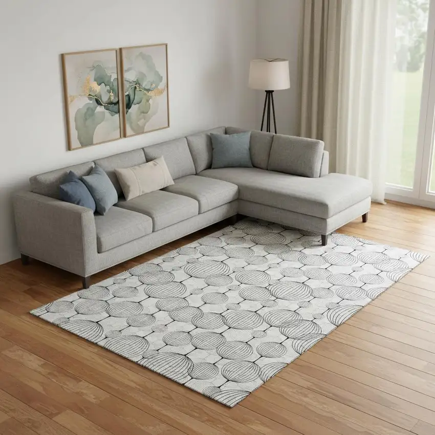 White And Gray Geometric Washable Area Rug With UV Protection Photo 1