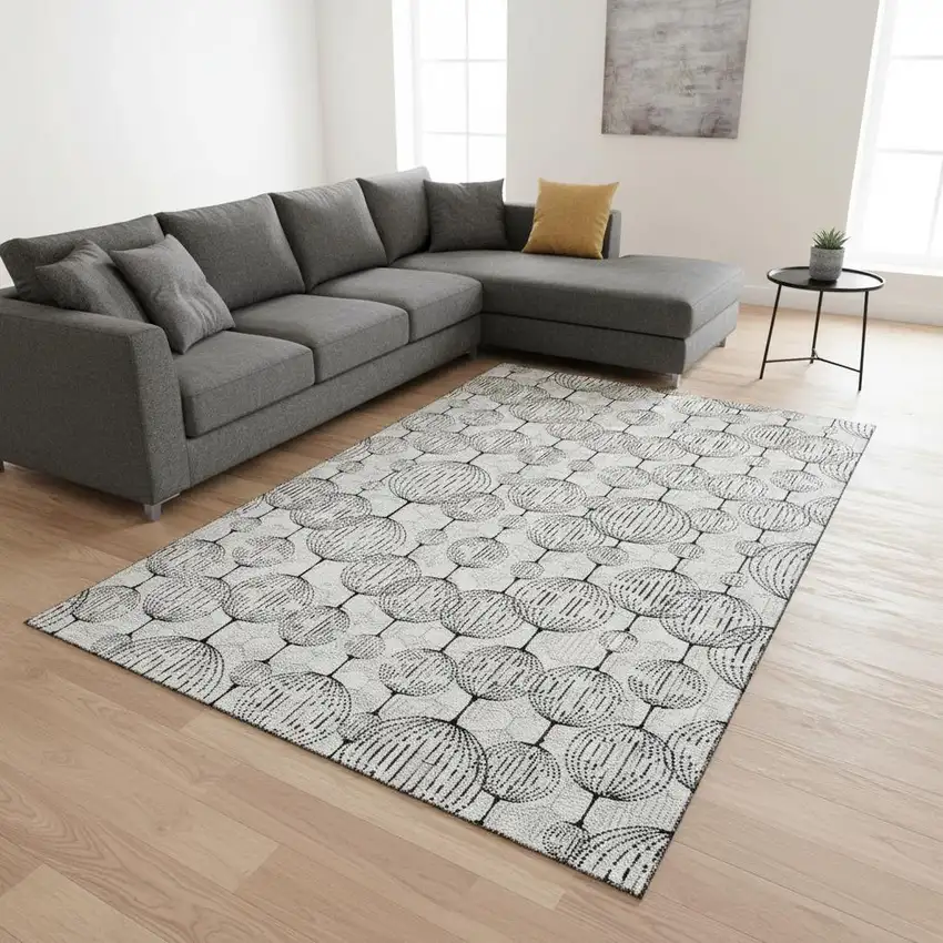White And Gray Geometric Washable Area Rug With UV Protection Photo 2