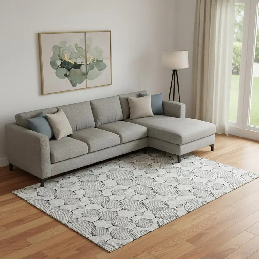 White And Gray Geometric Washable Area Rug With UV Protection Photo 1