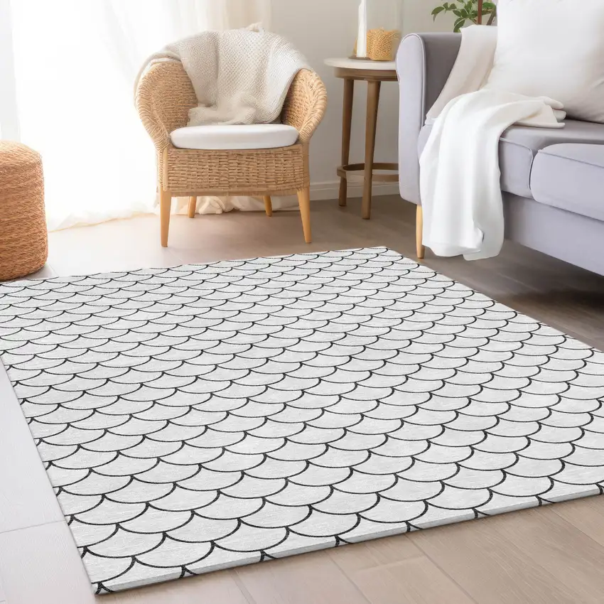 White And Gray Geometric Washable Area Rug With UV Protection Photo 3