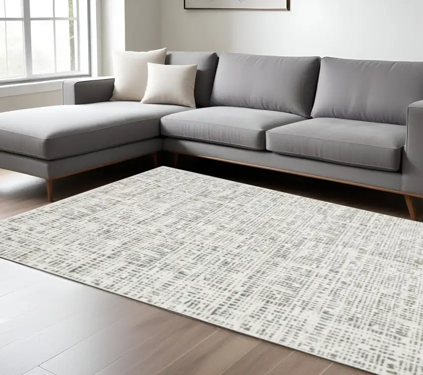 White And Grey Abstract Power Loom Stain Resistant Area Rug Photo 1