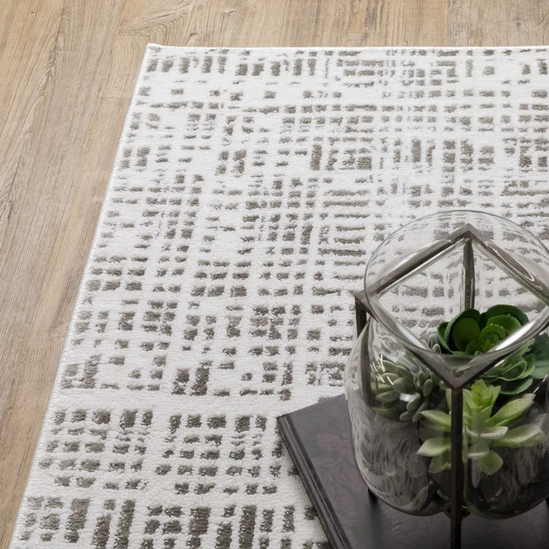 White And Grey Abstract Power Loom Stain Resistant Runner Rug Photo 5
