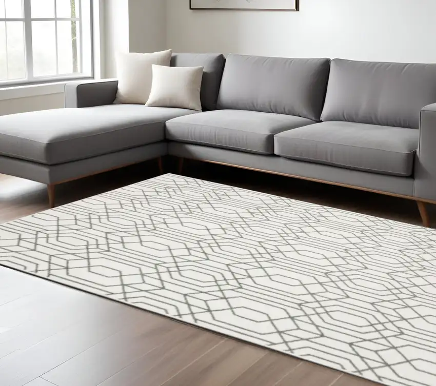 6' X 9' White And Grey Geometric Power Loom Stain Resistant Area Rug Photo 1