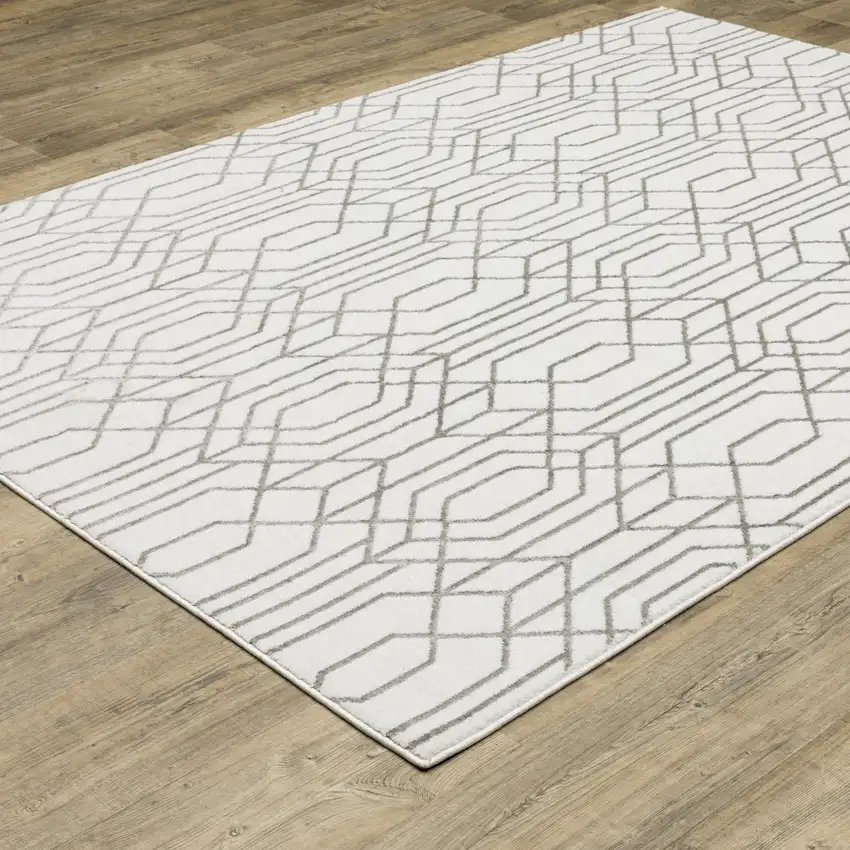 White And Grey Geometric Power Loom Stain Resistant Area Rug Photo 6