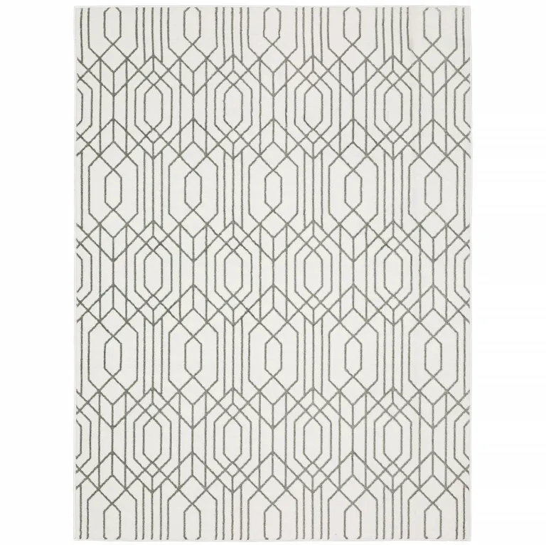 White And Grey Geometric Power Loom Stain Resistant Area Rug Photo 3