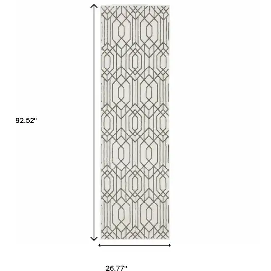 White And Grey Geometric Power Loom Stain Resistant Runner Rug Photo 10