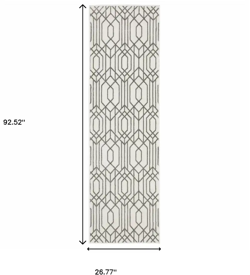 White And Grey Geometric Power Loom Stain Resistant Runner Rug Photo 10